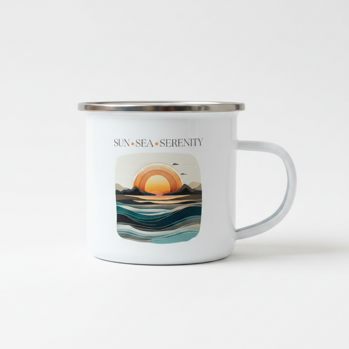 Sun Sea Serenity Enamel Mug – 12oz Camping Coffee Cup with Retro Sunset Ocean Design
