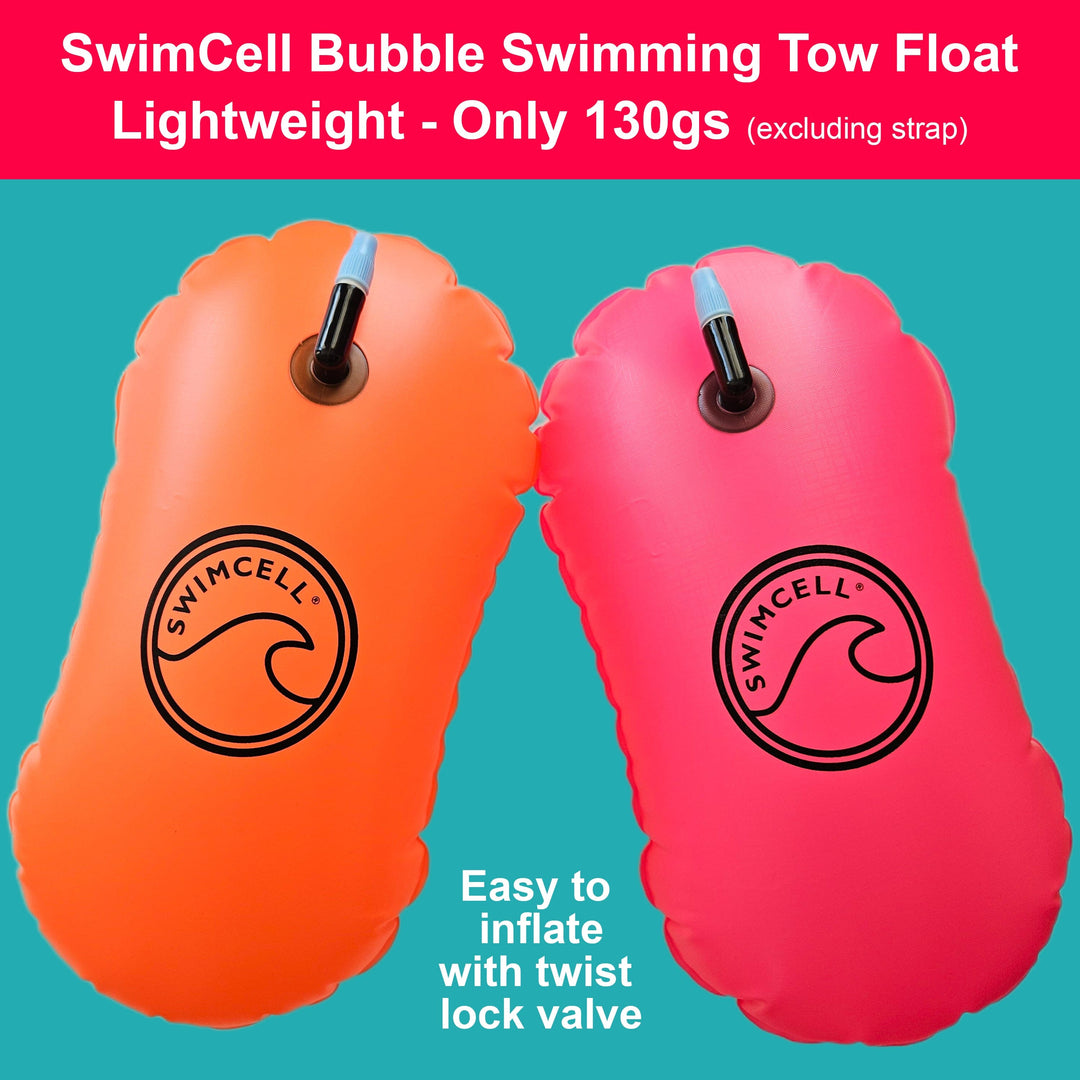 Two SwimCell bubble swimming tow floats, one orange and one pink, on a teal background.