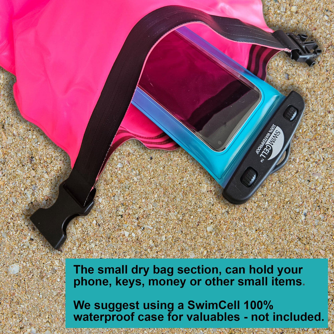 Phone in a waterproof case on sand with text about dry bag use swimcell