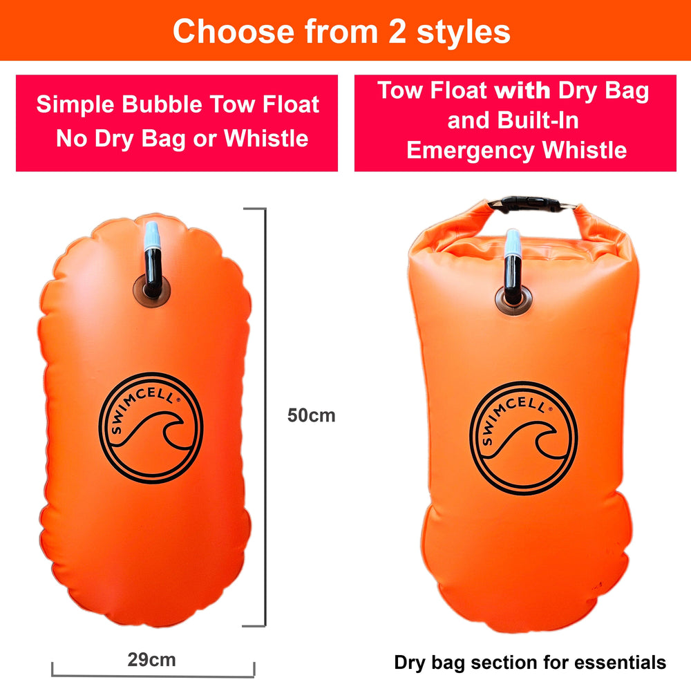 Two orange tow floats with dry bags and built-in emergency whistles, labeled 'Simple Bubble Tow Float' and 'Tow Float with Dry Bag and Built-In Emergency Whistle'.