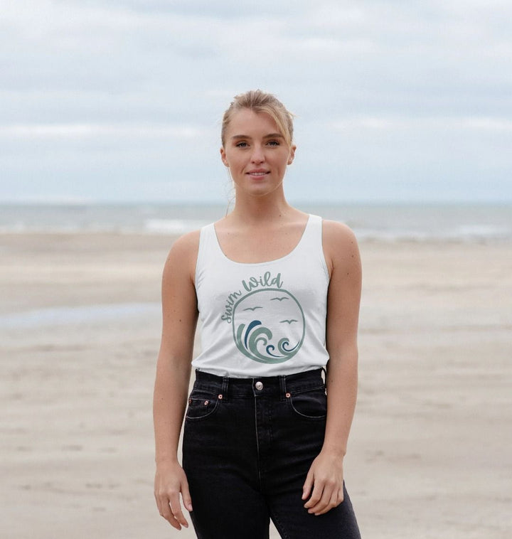 Swim Wild women’s white vest top with wave design
