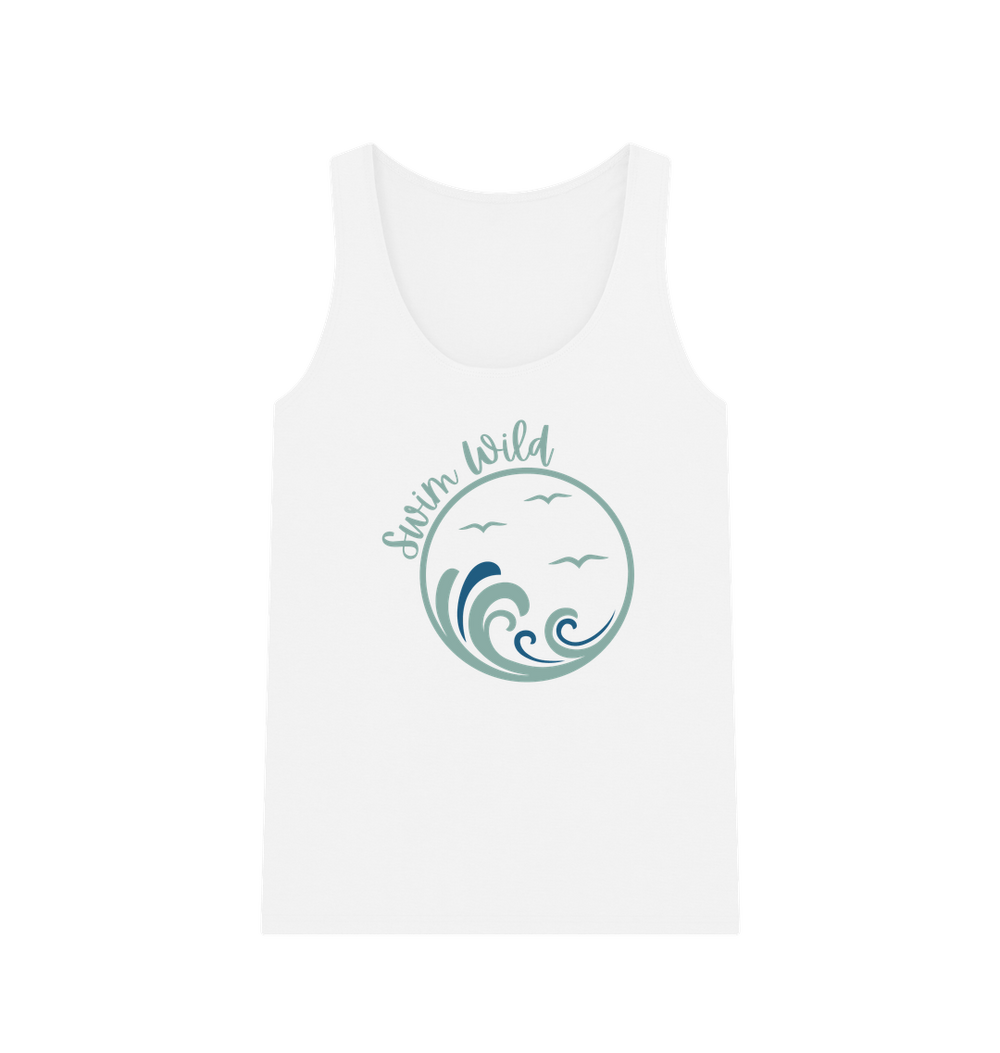 Swim Wild Women's Vest Top White Front Women’s vest top with Swim Wild graphic and waves
