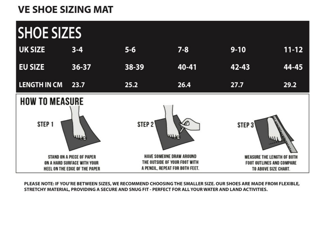 Shoe sizing mat with size chart and measurement instructions.
