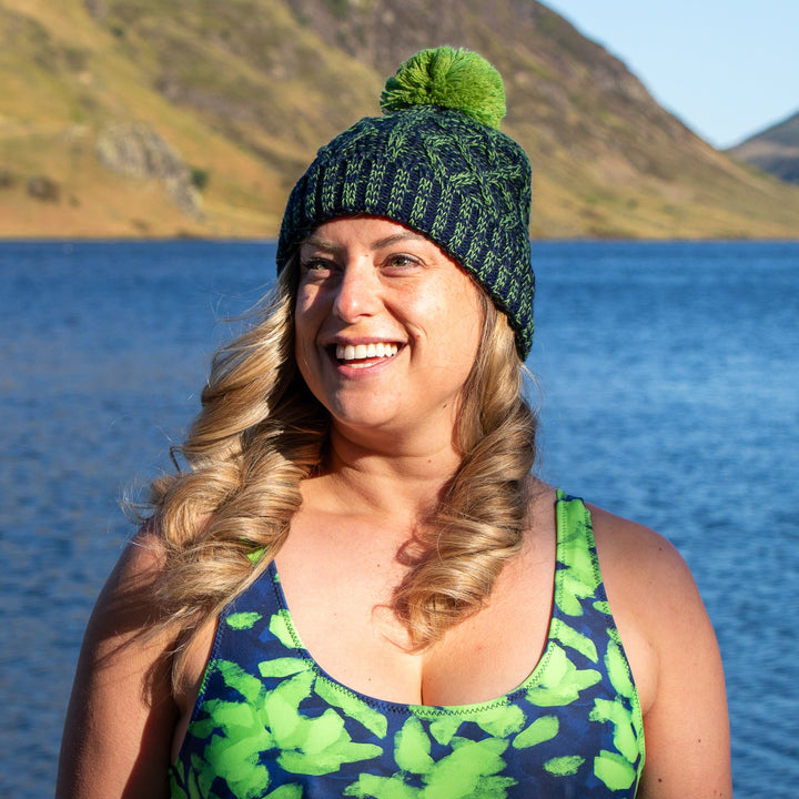 Cable Knit Bobble Hat - Green & Marine