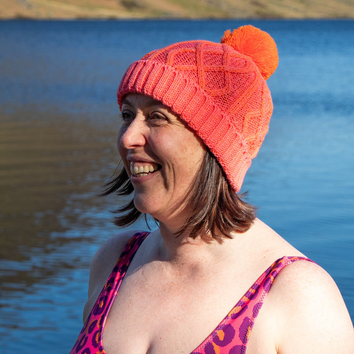 Cable Knit Bobble Hat - Orange & Coral
