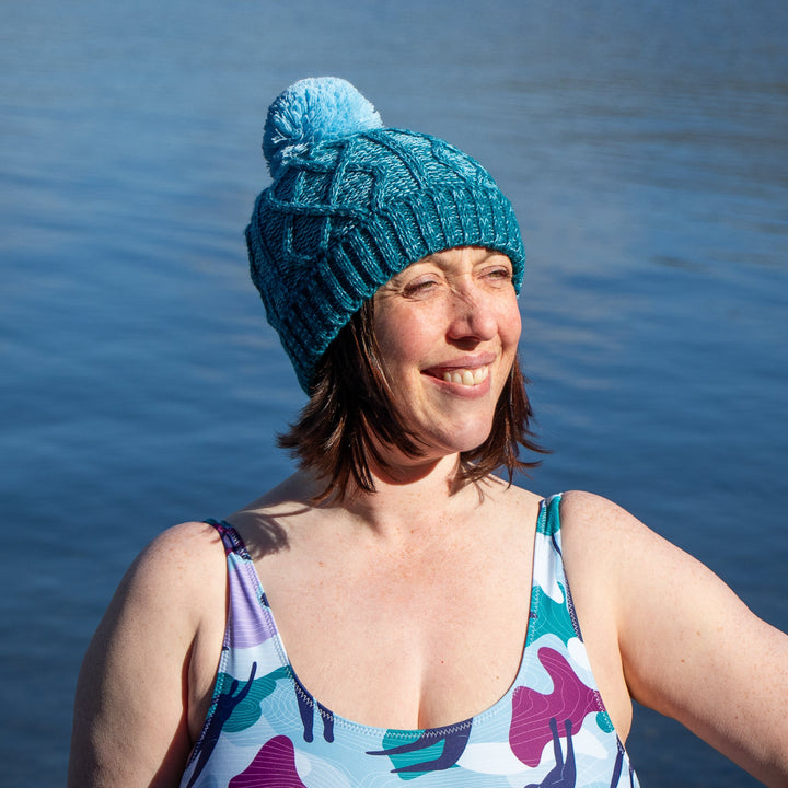Cable Knit Bobble Hat - Blue & Teal
