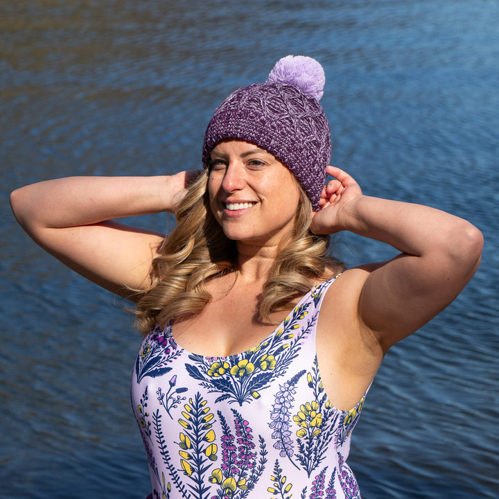 Cable Knit Bobble Hat - Lilac & Plum