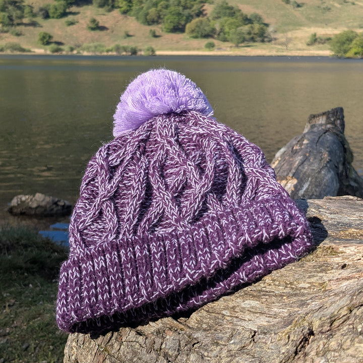 Cable Knit Bobble Hat - Lilac & Plum