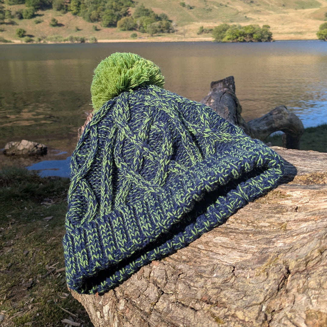 Cable Knit Bobble Hat - Green & Marine