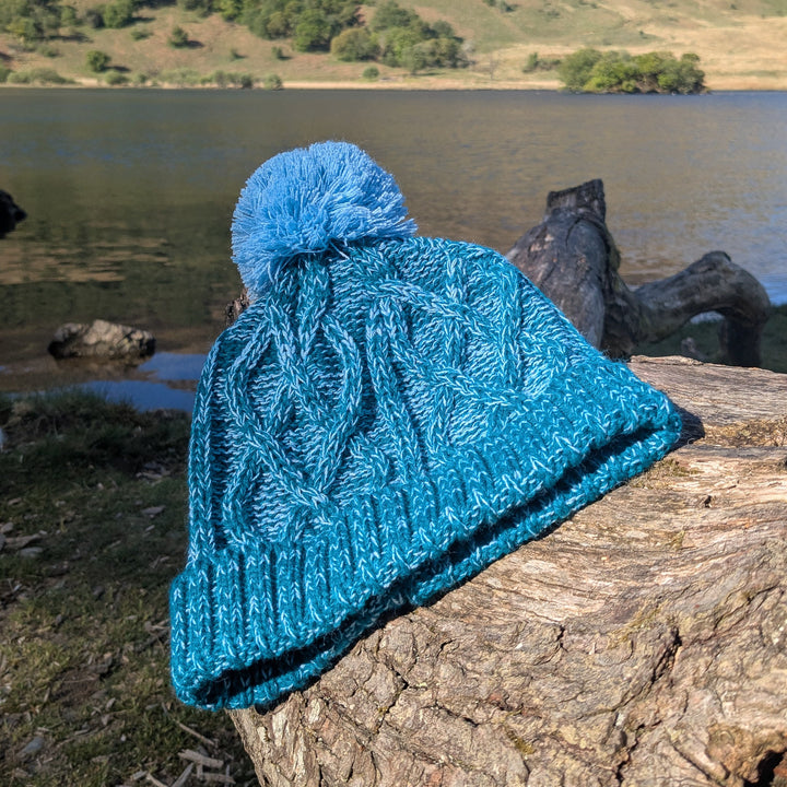 Cable Knit Bobble Hat - Blue & Teal