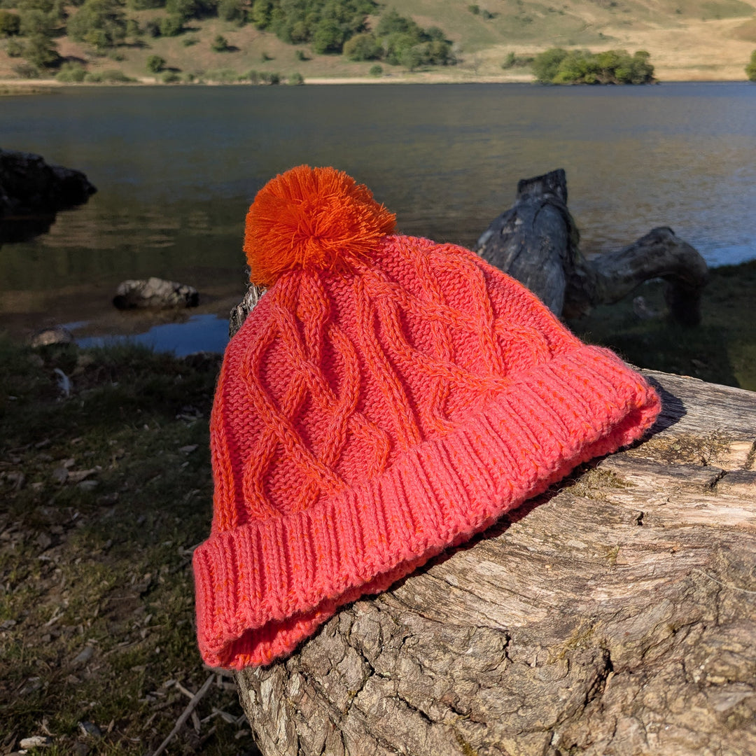 Cable Knit Bobble Hat - Orange & Coral