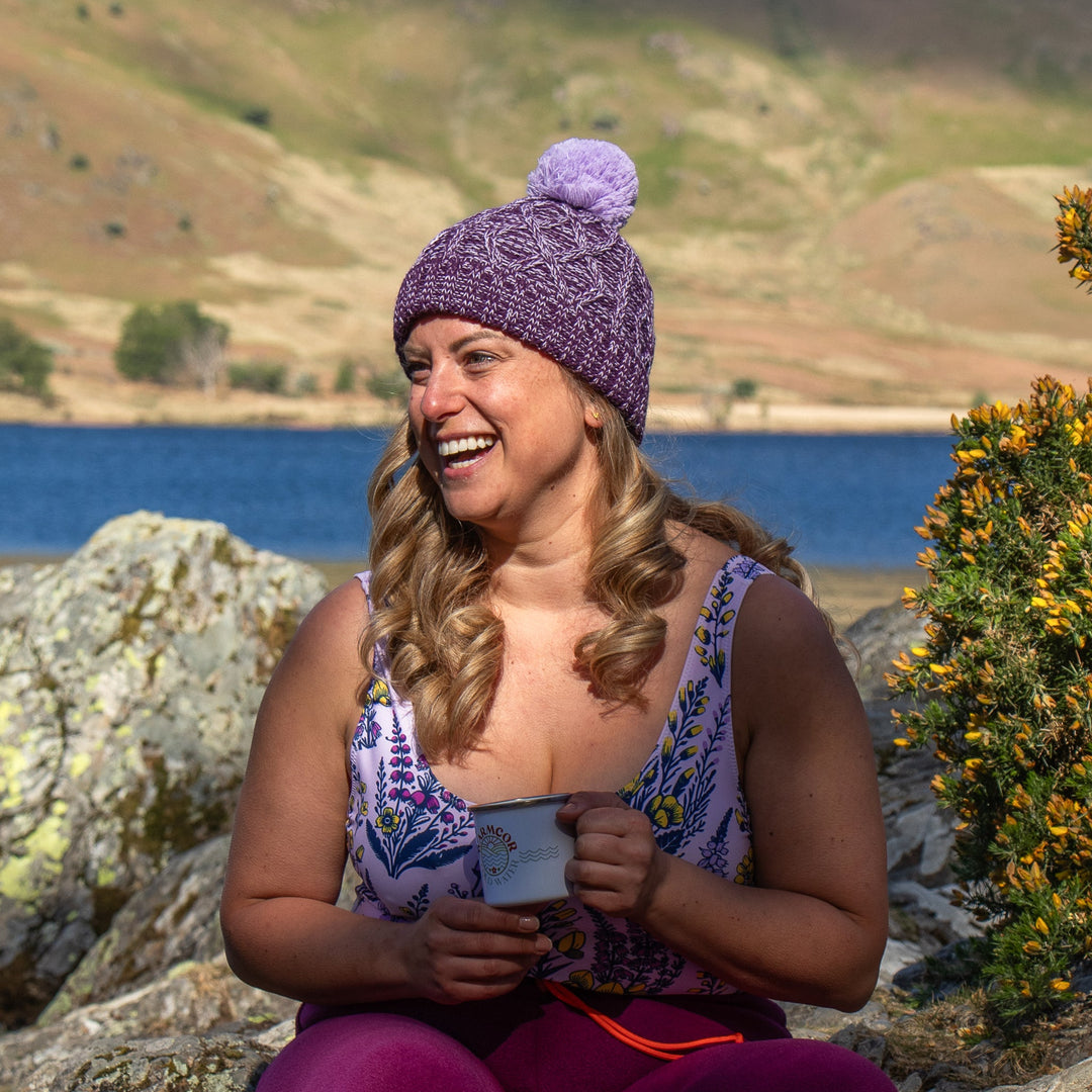 Cable Knit Bobble Hat - Lilac & Plum