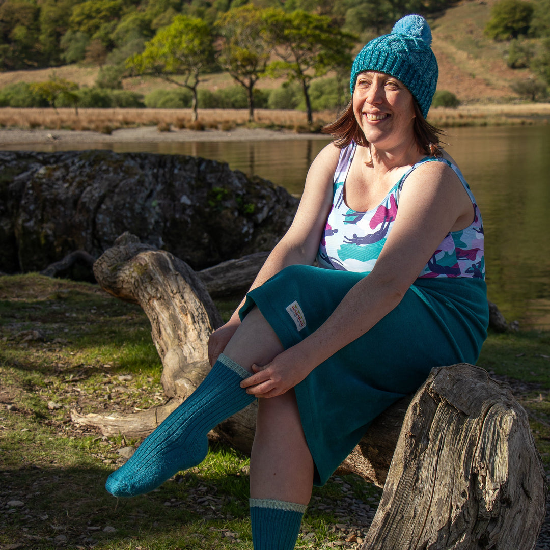 Cable Knit Bobble Hat - Blue & Teal