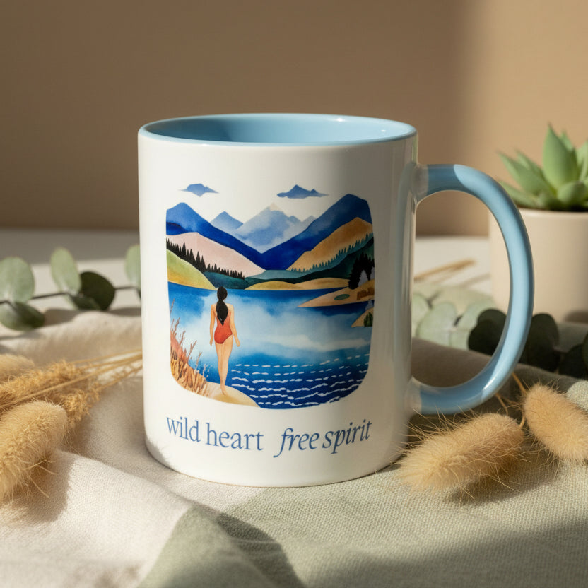 Mug with a scenic design and 'wild heart free spirit' text, placed on a surface with a plant in the background.