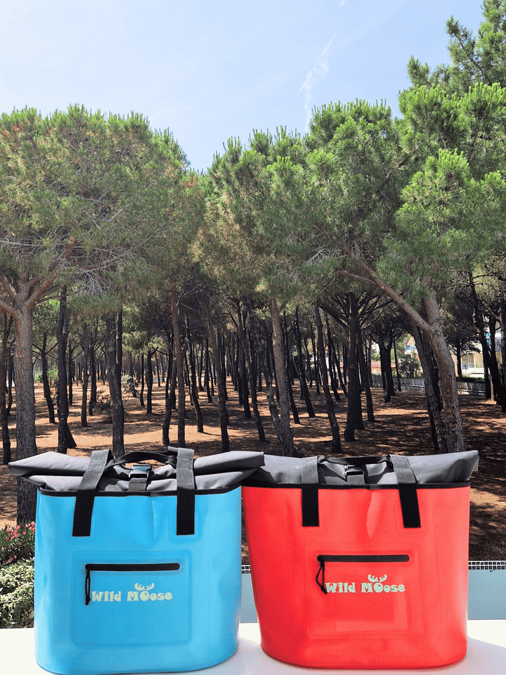Wild Moose waterproof roll-top tote bags, made from recycled fabric and ideal for outdoor adventures. Incorporates an insulated pocket where you can store a hot water bottle in winter or keep your picnic items fresh in summer
