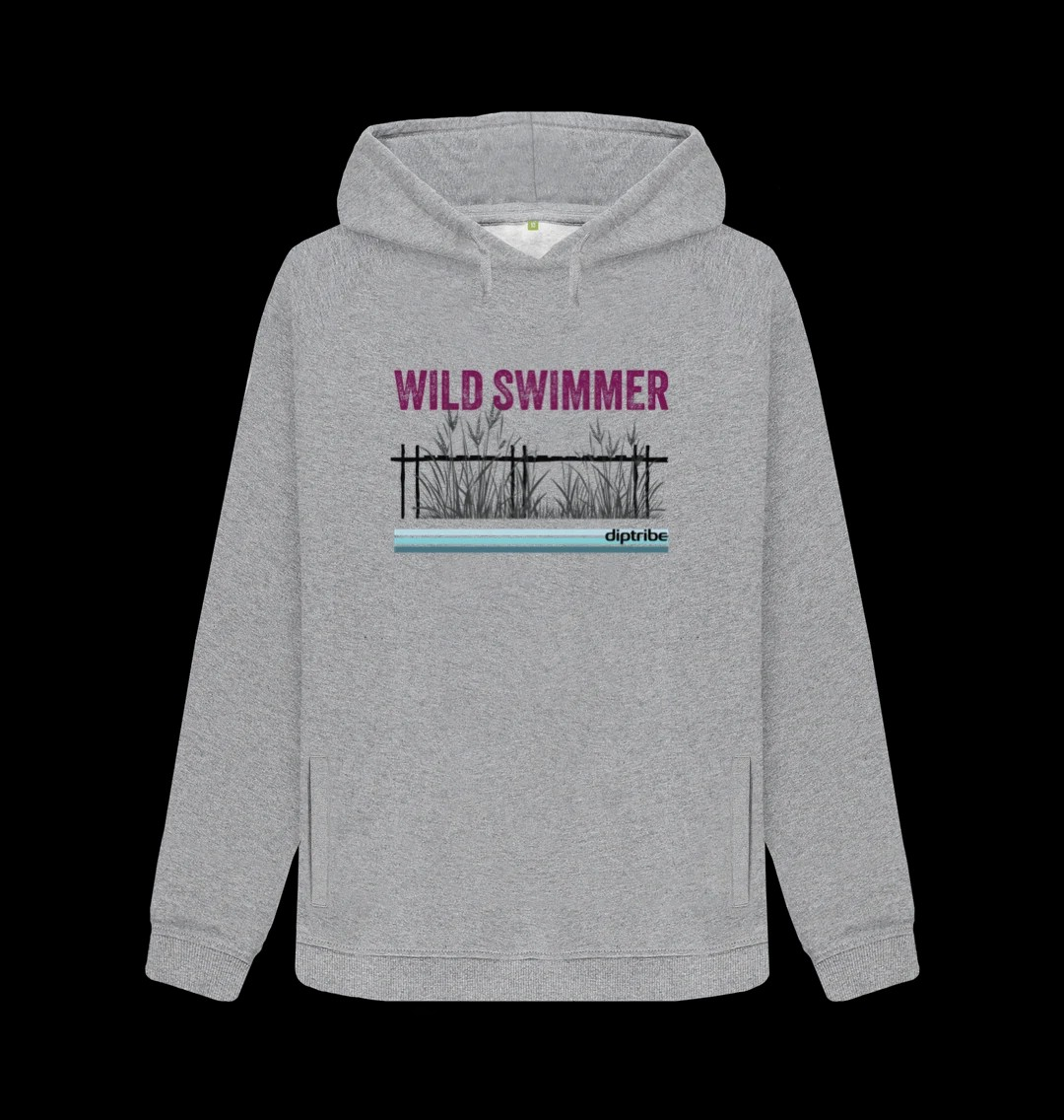 A lflat shot image of a diptribe slim-fit hoodie in light heather with the text 'Wild Swimmer' and a hand-drawn graphic of reeds on the front.