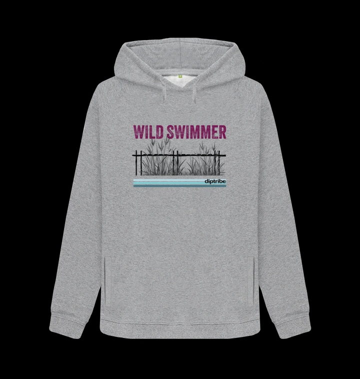 A lflat shot image of a diptribe slim-fit hoodie in light heather with the text 'Wild Swimmer' and a hand-drawn graphic of reeds on the front.