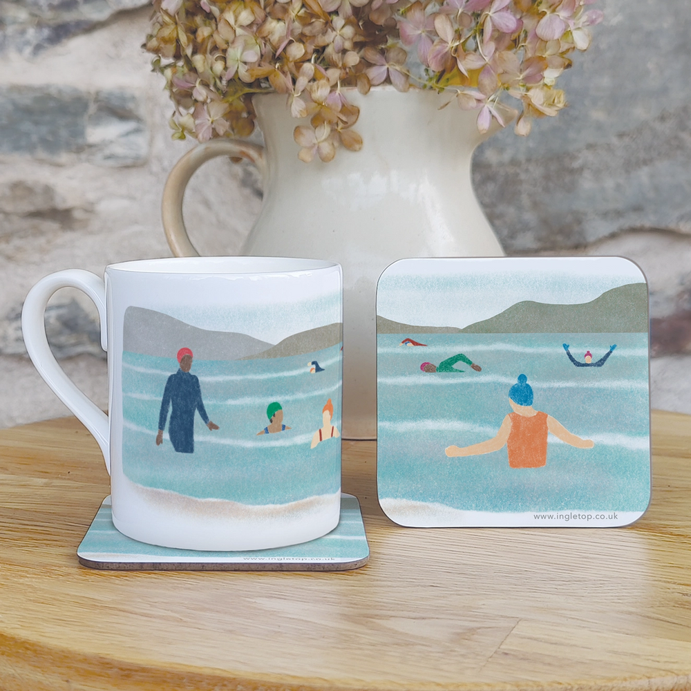 Wild Swimming coaster featuring an illustration of a group of outdoor swimmers enjoying an invigorating dip.