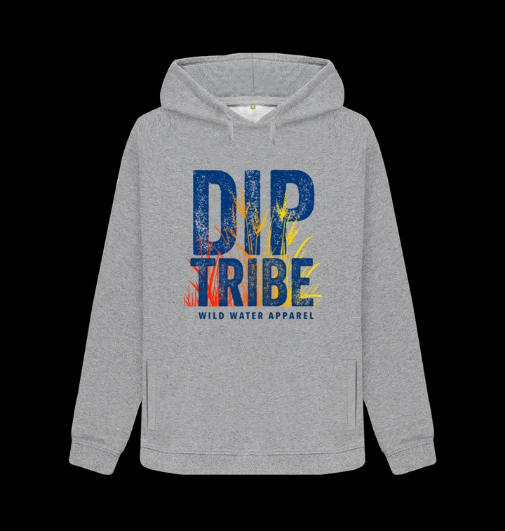 A flat shot of a diptribe slim-fit hoodie in light heather with the text 'Diptribe Wild Water Apparel' and a hand-drawn colourful graphic of reeds on the front.