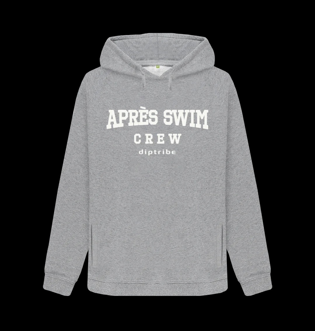Flat shot of the diptribe light heather slim fit hoodie with an 'Apres Swim Crew' logo on the front