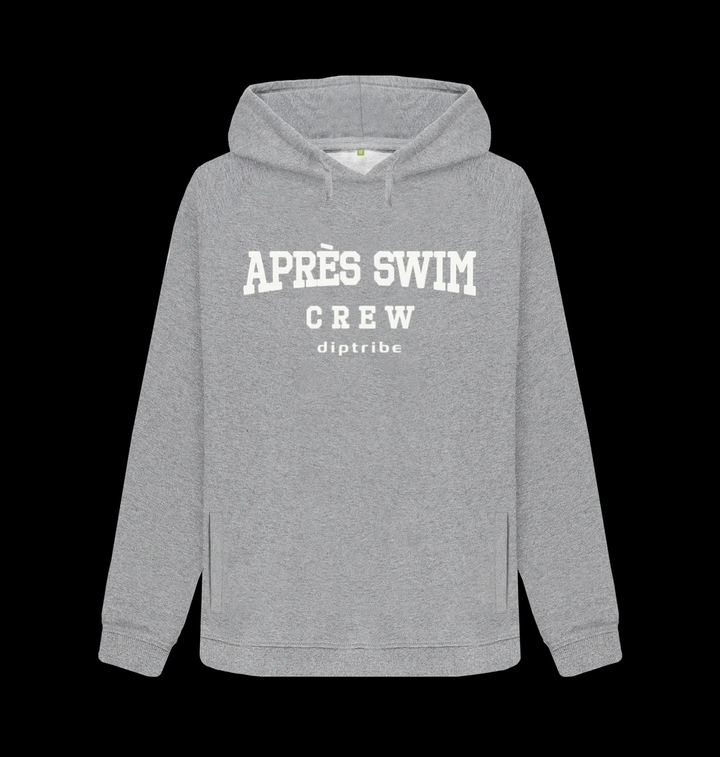 Flat shot of the diptribe light heather slim fit hoodie with an 'Apres Swim Crew' logo on the front