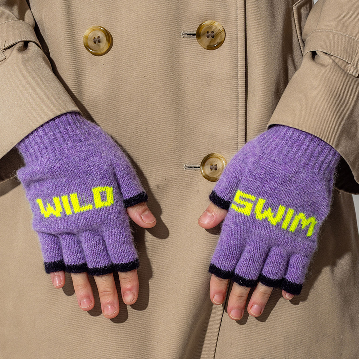 Wild Swim Fingerless Gloves in Parma Violet &amp; Neon Yellow