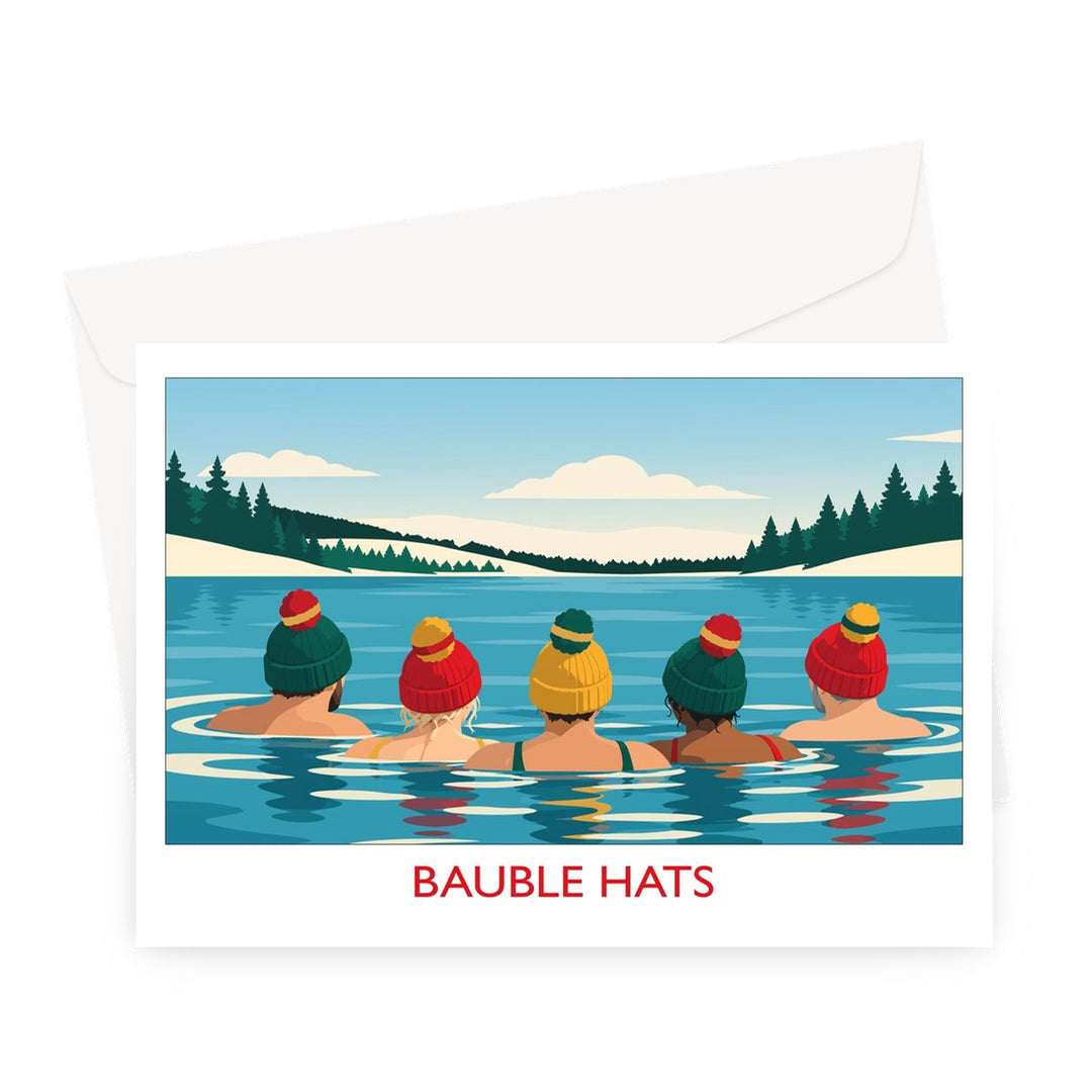 Bauble Hats wild swimming Christmas card by Wild Swim Studio featuring five swimmers wearing colourful bobble hats in a snowy lake