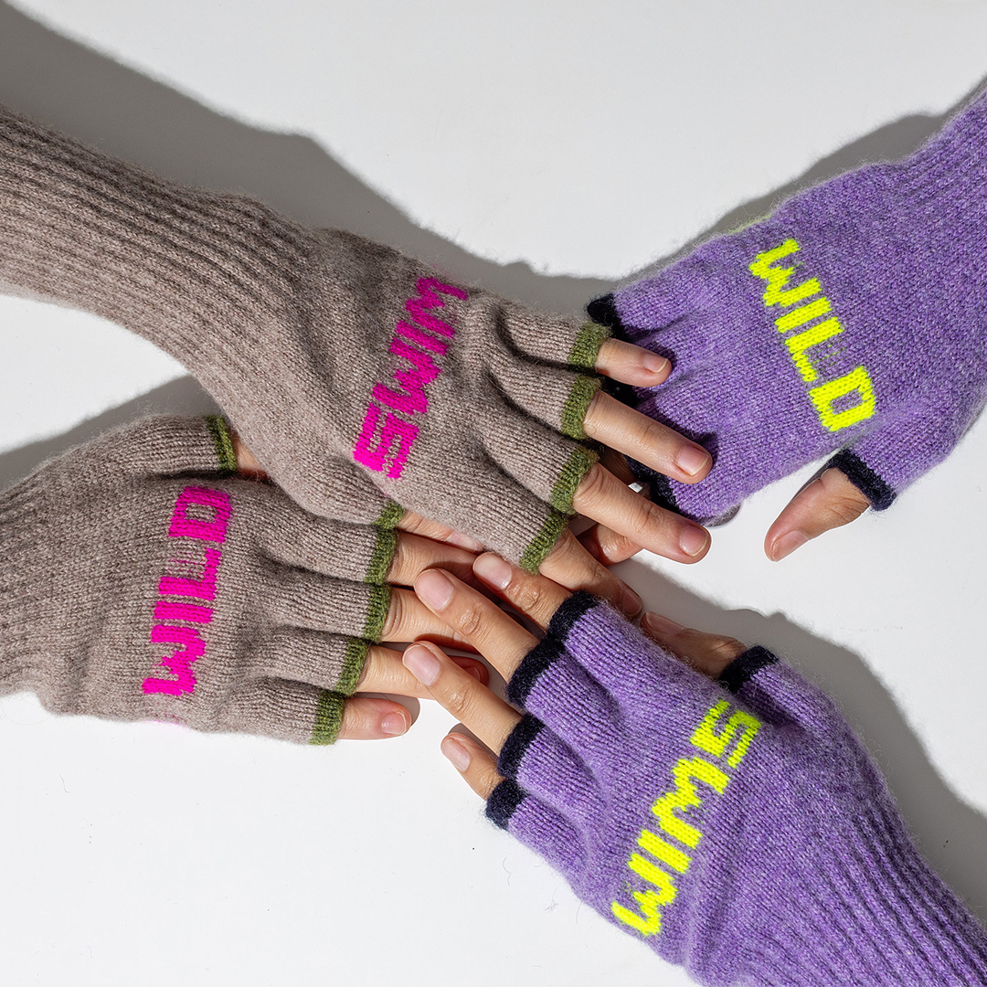 Wild Swim Fingerless Gloves in Parma Violet &amp; Neon Yellow
