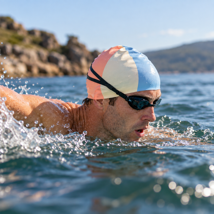A swimmer in a lake wearing a pastel striped swim cap in pink, cream, and light blue, resembling a beach ball. The background shows a rocky coastline and blue water under a clear sky.