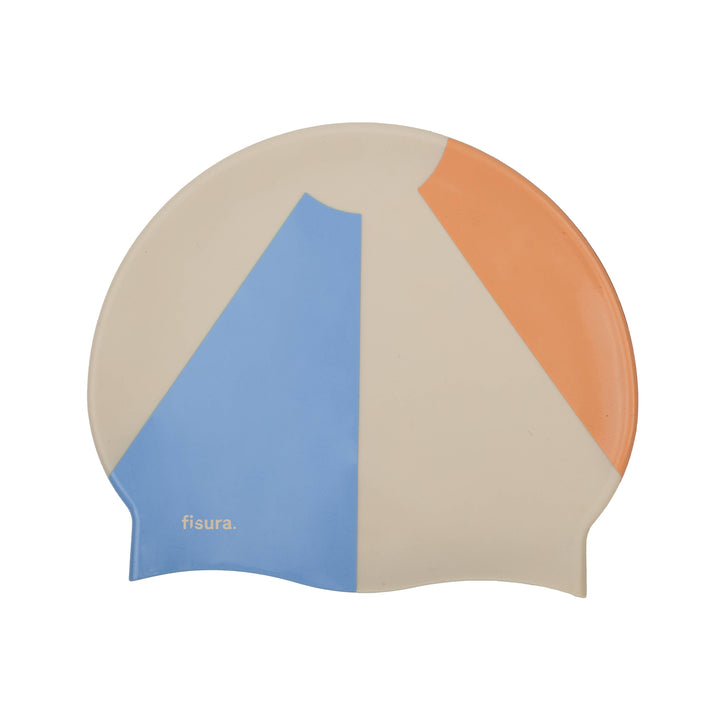 A silicone swim cap with an abstract geometric color-blocked design in beige, light blue, and orange, resembling a beach ball.