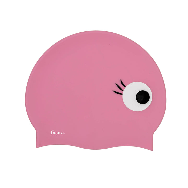 Pink swim cap with a cartoon googly eye design on a white background