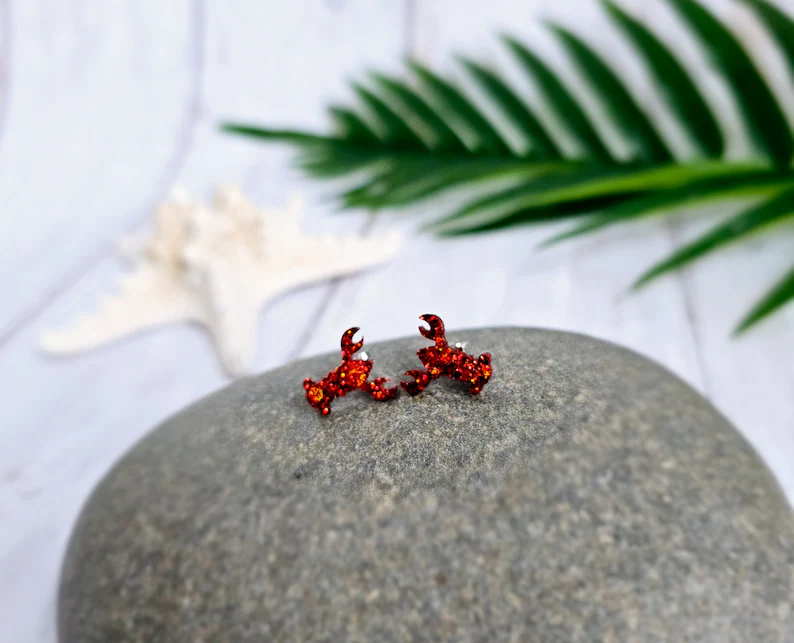 Red Glitter Lobster Stud Earrings
