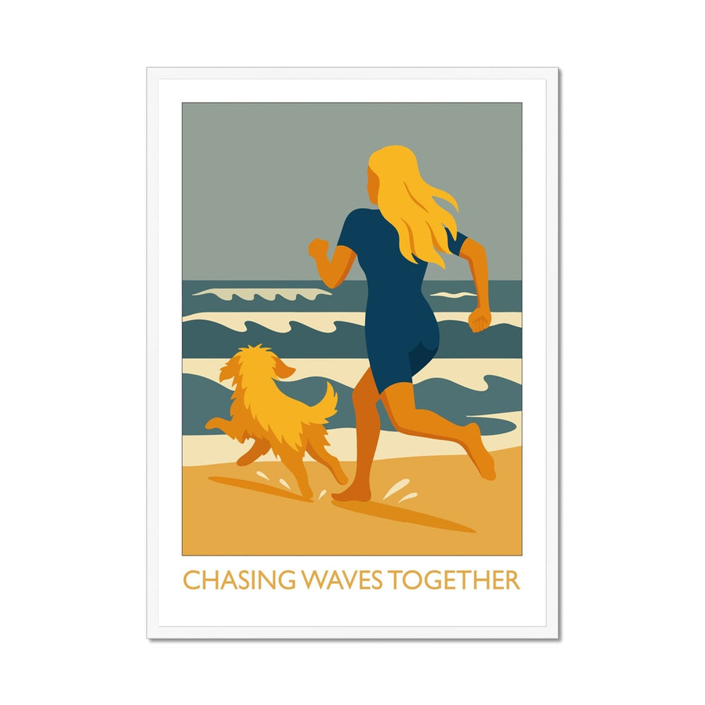 Framed wild swimming art print in white frame featuring a swimmer and dog running along the beach, Chasing Waves Together