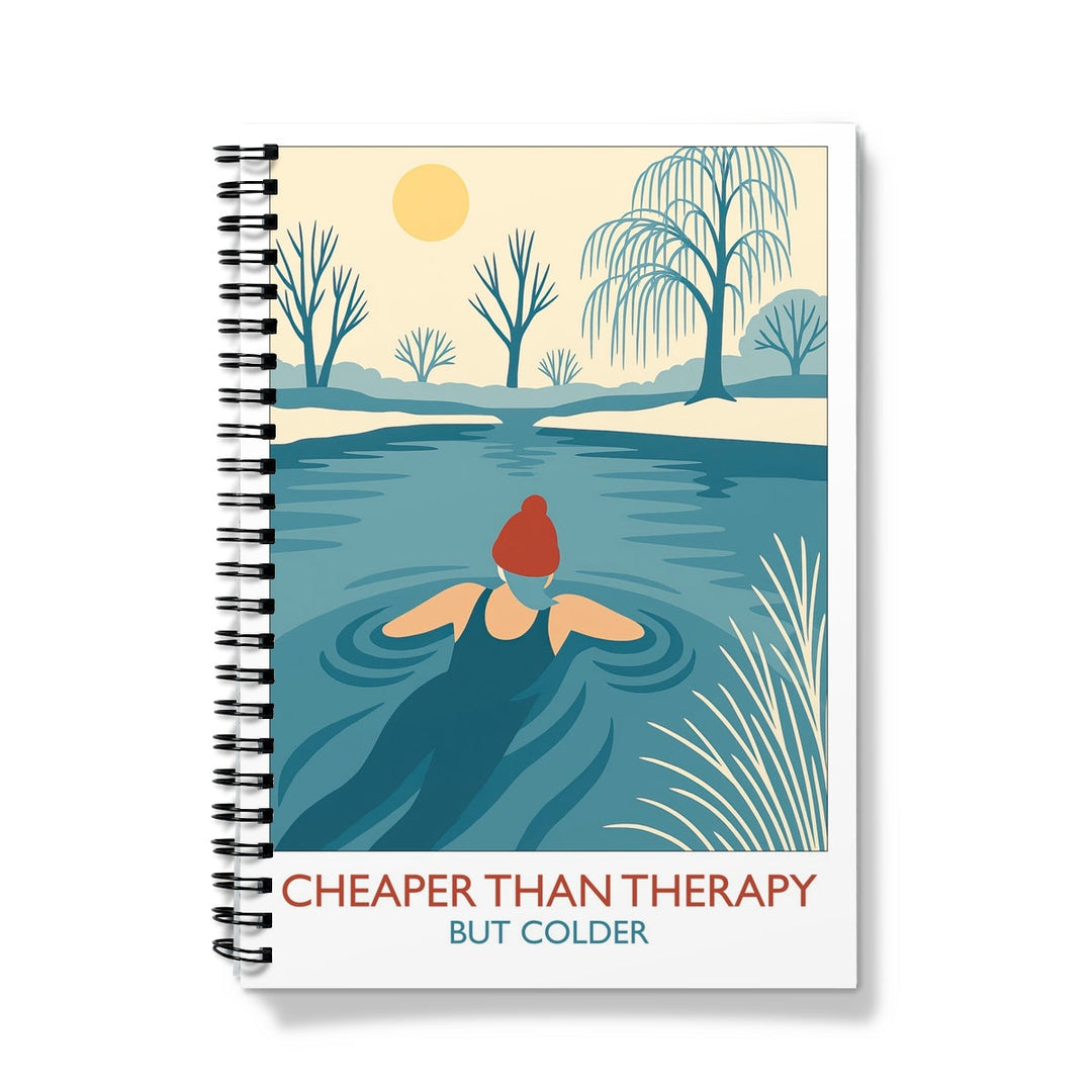 Cheaper Than Therapy notebook featuring winter swimmer illustration — spiral bound, lined or graph pages, A5 or A4