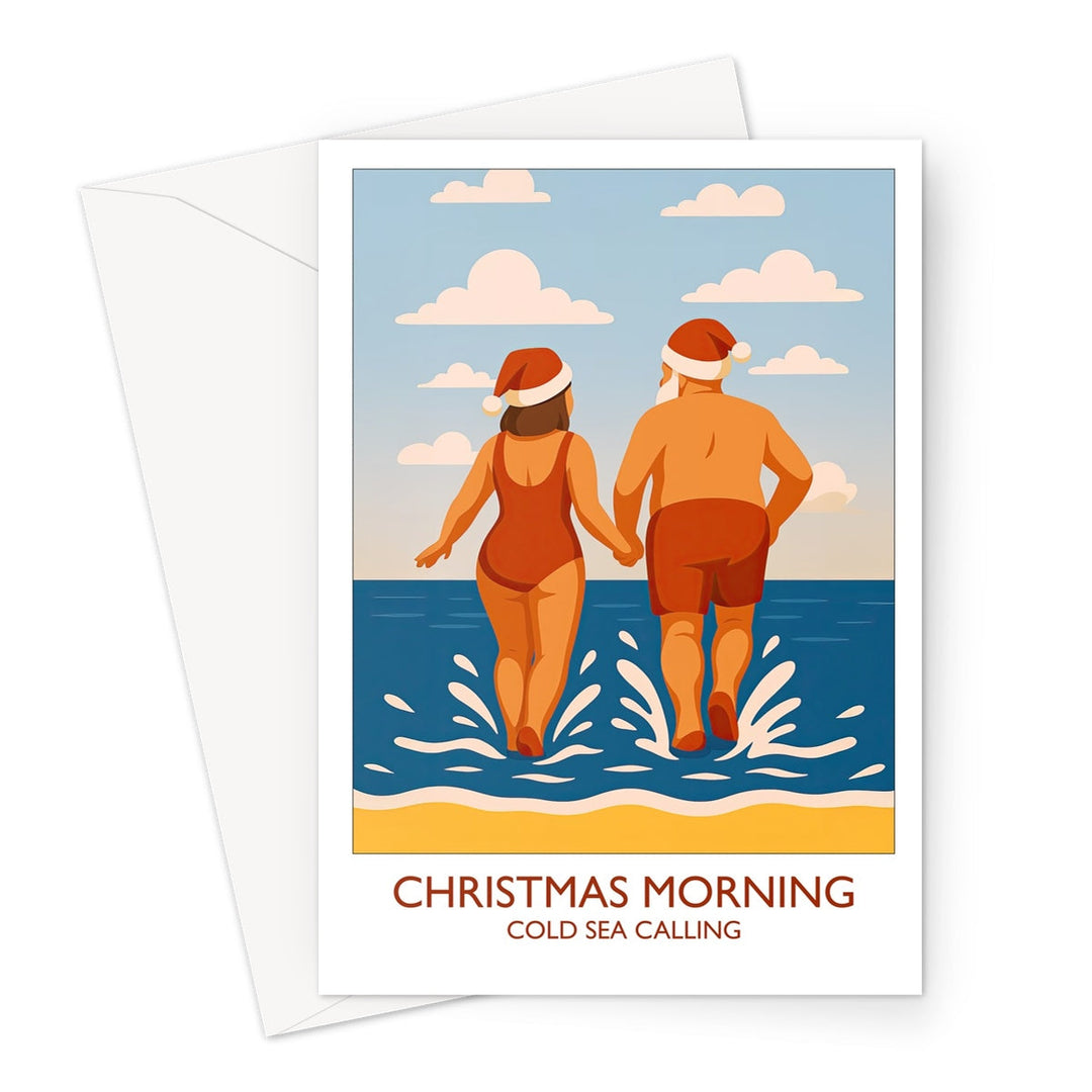 Christmas Morning wild swimming Christmas card showing two swimmers wearing Santa hats entering the sea, celebrating festive cold water dips.
