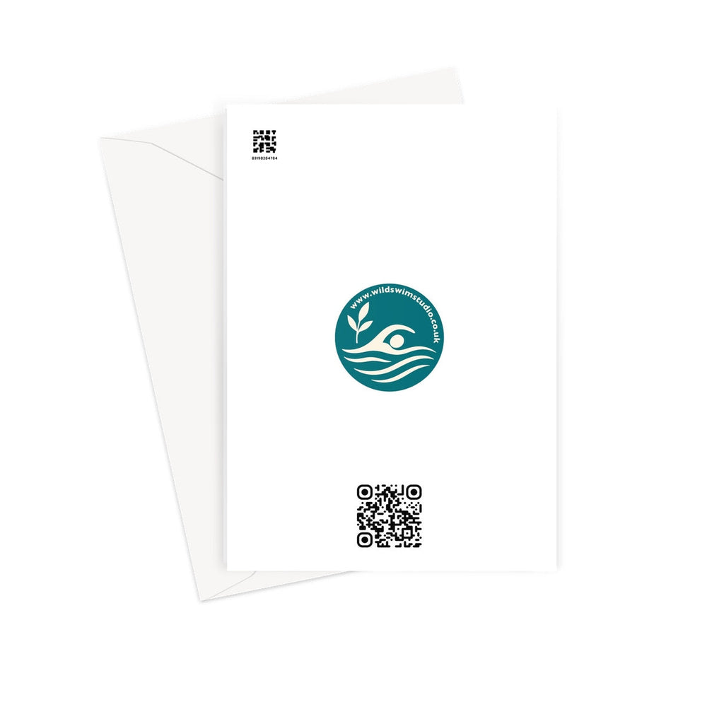Reverse of Cold Crew cold water swimming greeting card by Wild Swim Studio — printed sustainably in the UK with Wild Swim Studio logo and QR code.