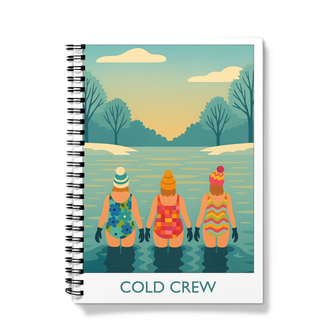 Cold Crew notebook featuring an illustration of three winter swimmers in bathing suits and bobble hats — spiral bound, lined or graph pages, A5 or A4