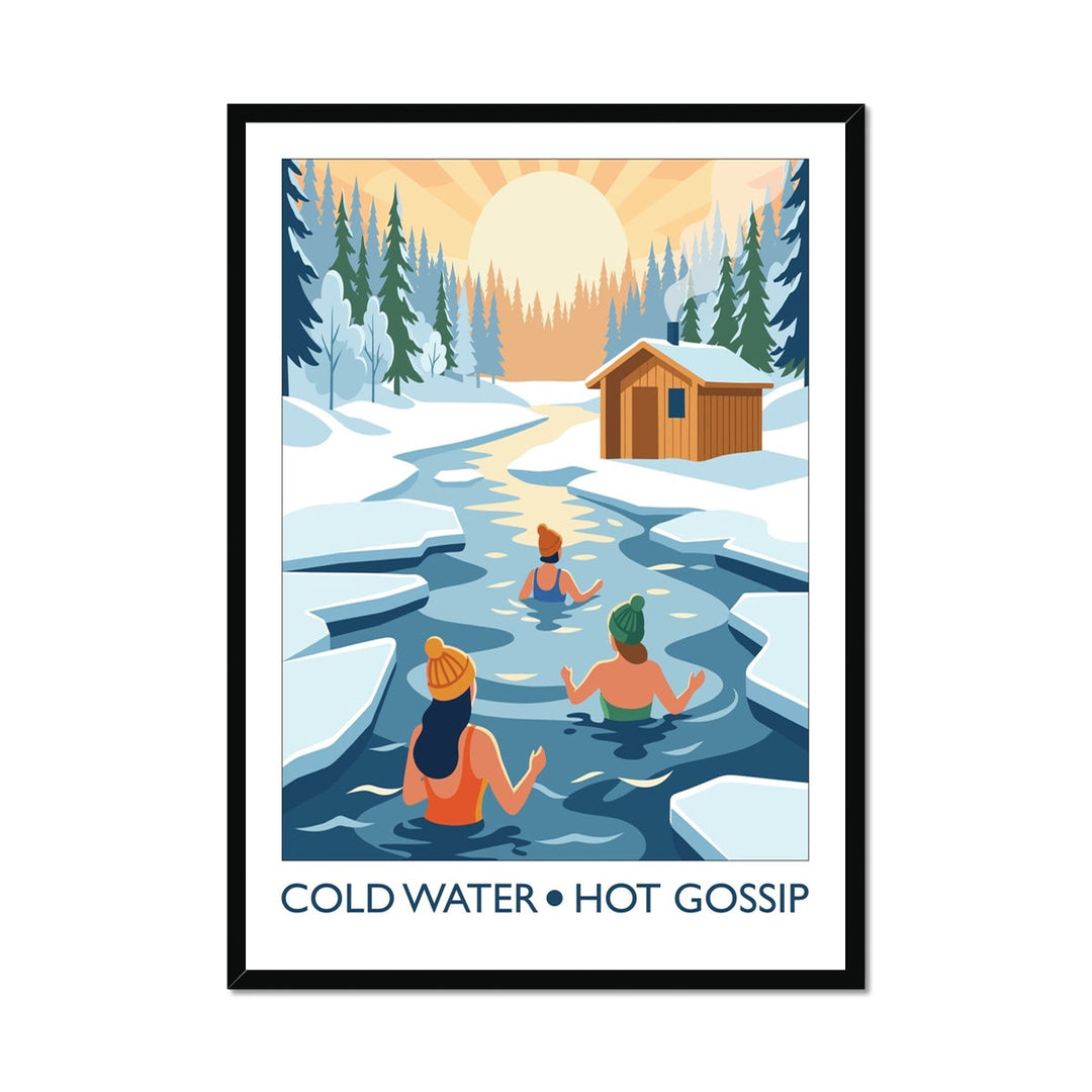 Framed wild swimming art print in black frame showing swimmers chatting in cold water titled Cold Water Hot Gossip