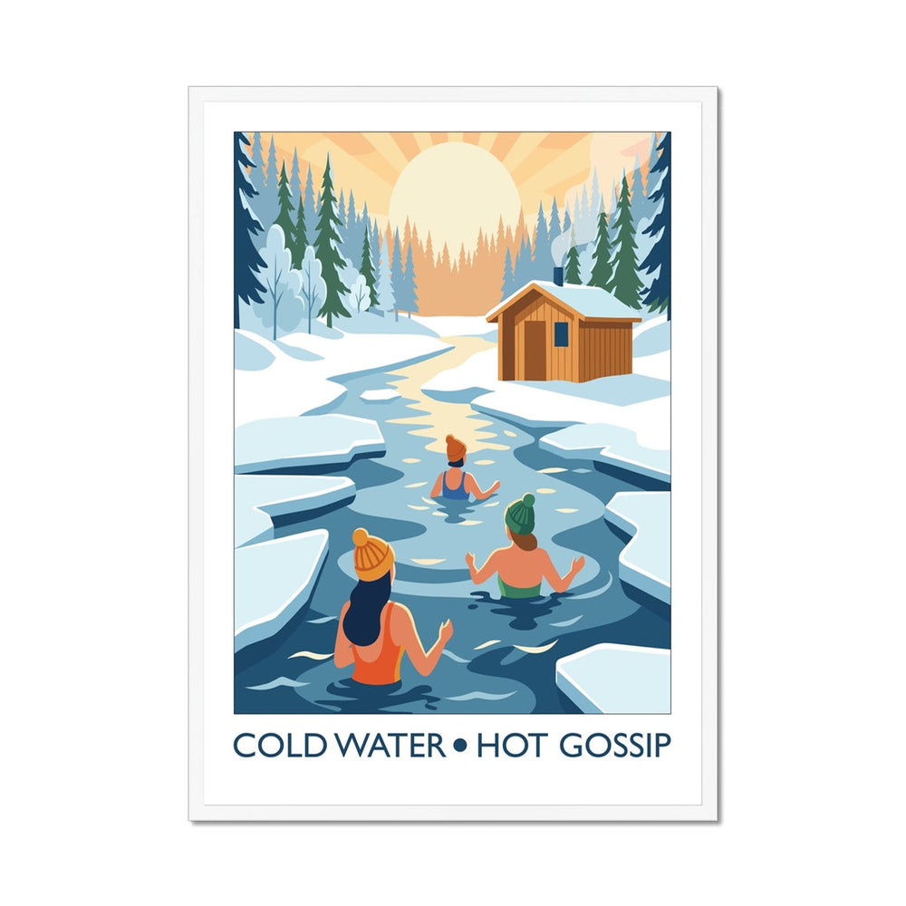 Framed wild swimming art print in white frame showing swimmers chatting in cold water titled Cold Water Hot Gossip