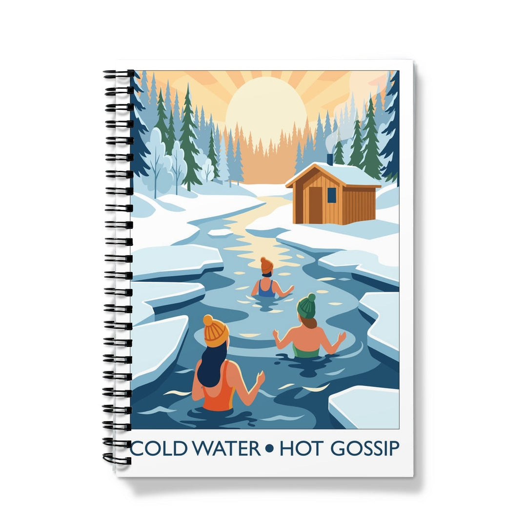 Wild swimming notebook with winter swimmers illustration titled Cold Water Hot Gossip