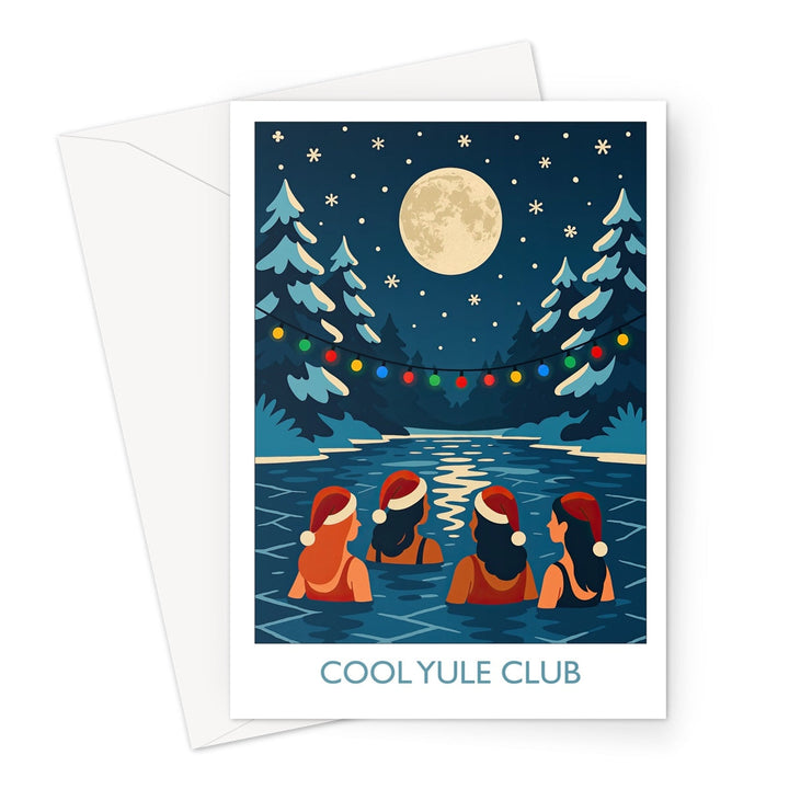 Cool Yule Club wild swimming Christmas card showing four swimmers in Santa hats enjoying a festive moonlit dip under colourful fairy lights.