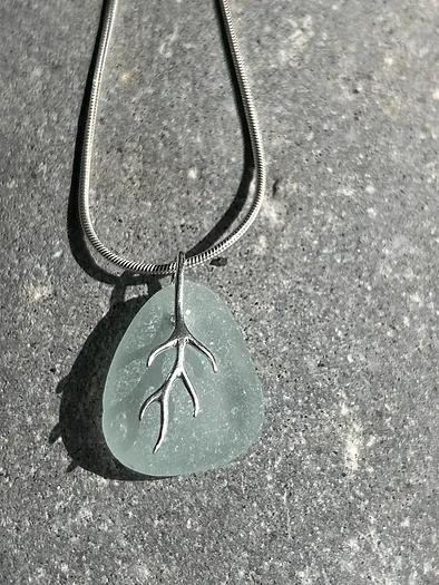 Seaglass and silver coral branch necklace