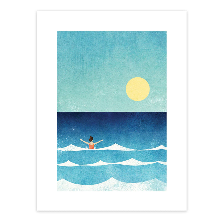 Dip in the Sea art print by Henry Rivers featuring a lone swimmer beneath a golden sun in a calm blue sea.