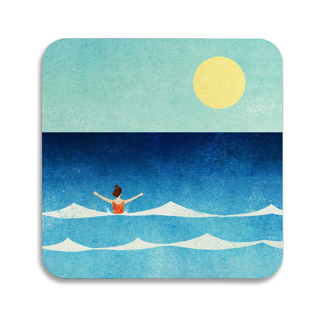 Dip in the Sea coaster featuring an illustration by Henry Rivers featuring a lone swimmer beneath a golden sun in a calm blue sea.