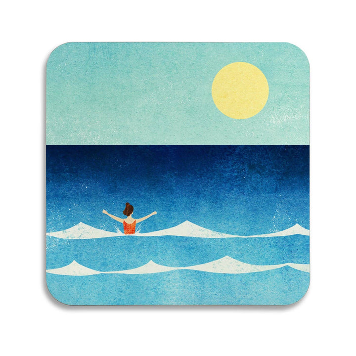 Dip in the Sea coaster featuring an illustration by Henry Rivers featuring a lone swimmer beneath a golden sun in a calm blue sea.