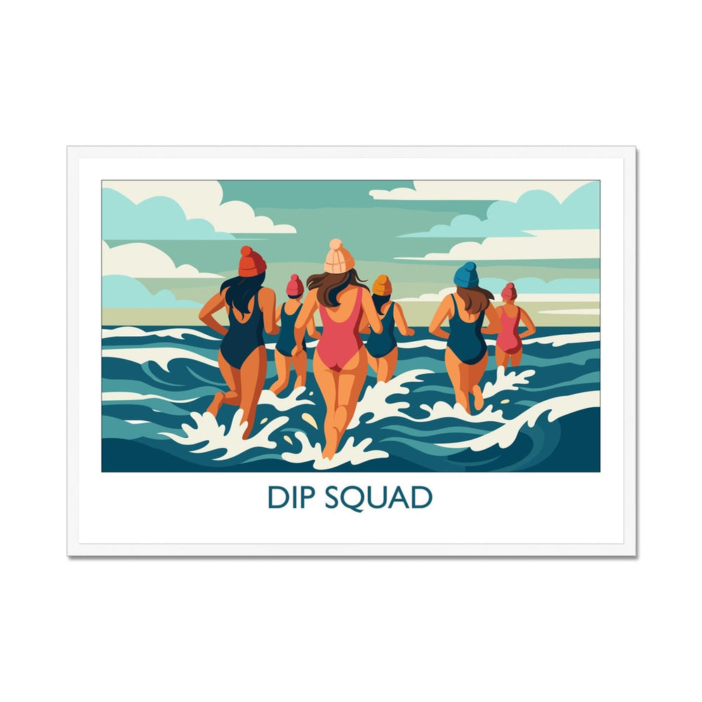Framed wild swimming art print in white frame showing group of swimmers entering the sea titled Dip Squad