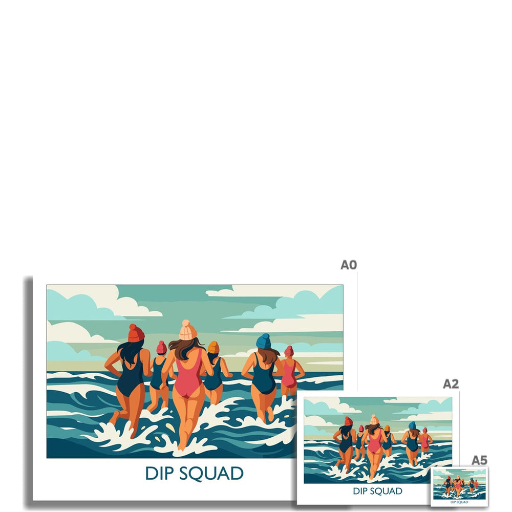 Dip Squad wild swimming art print shown in multiple sizes for wall display