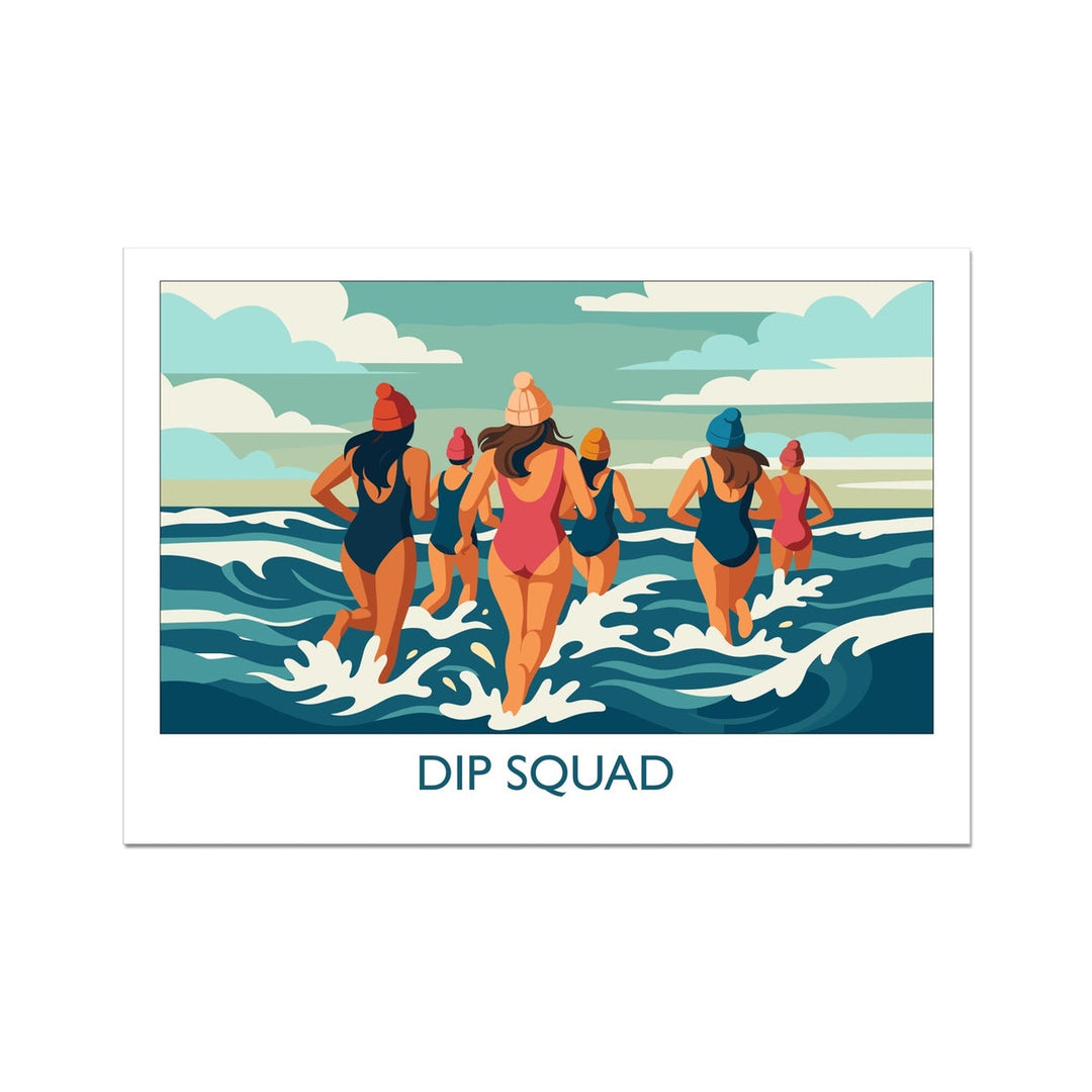Wild swimming art print showing a group of swimmers entering the sea together titled Dip Squad