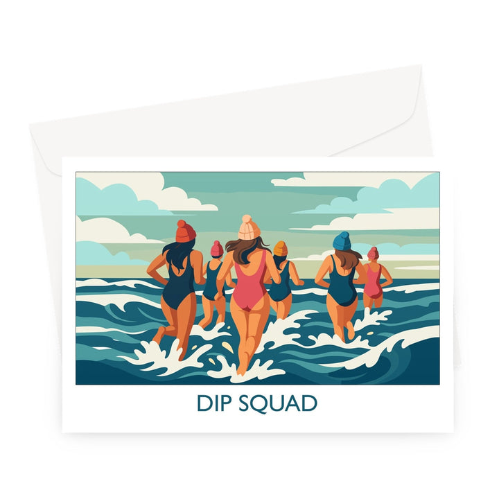 Wild swimming greeting card showing group of swimmers entering the sea titled Dip Squad