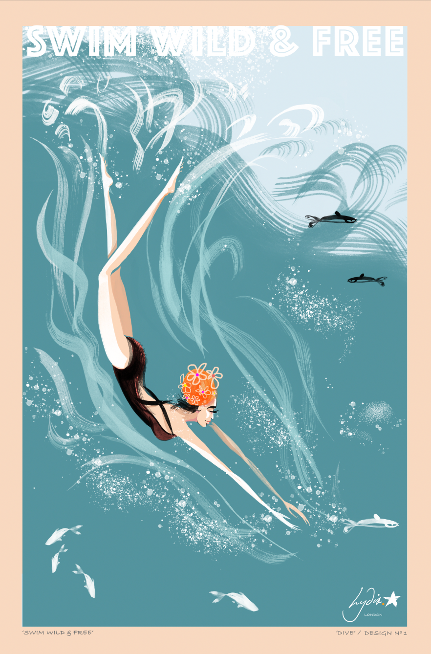 A stylized tea towel featuring a wild swimmer swimming underwater with waves and fish, with the text 'SWIM WILD & FREE' at the top.